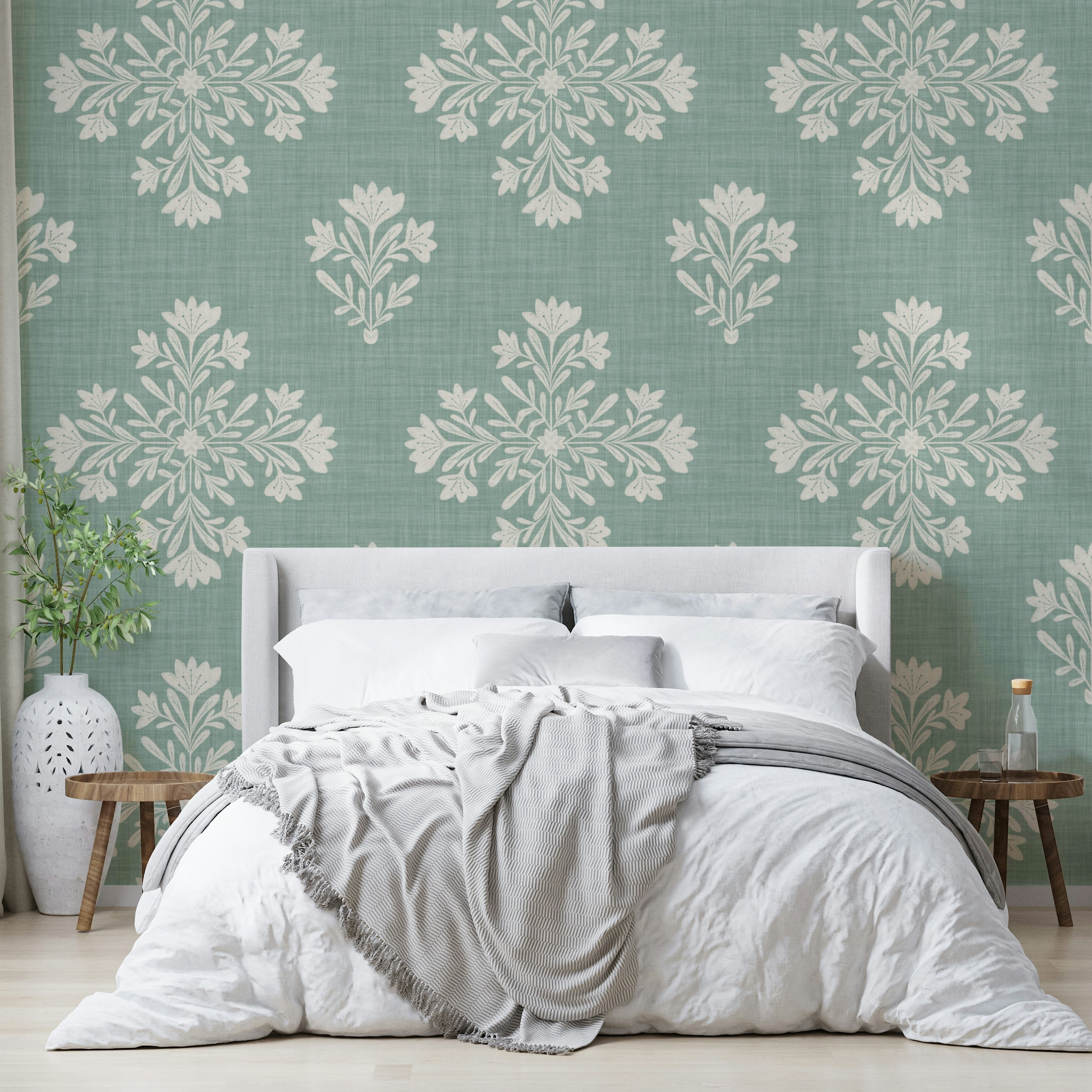 Bedroom decorated with botanical wallpaper

