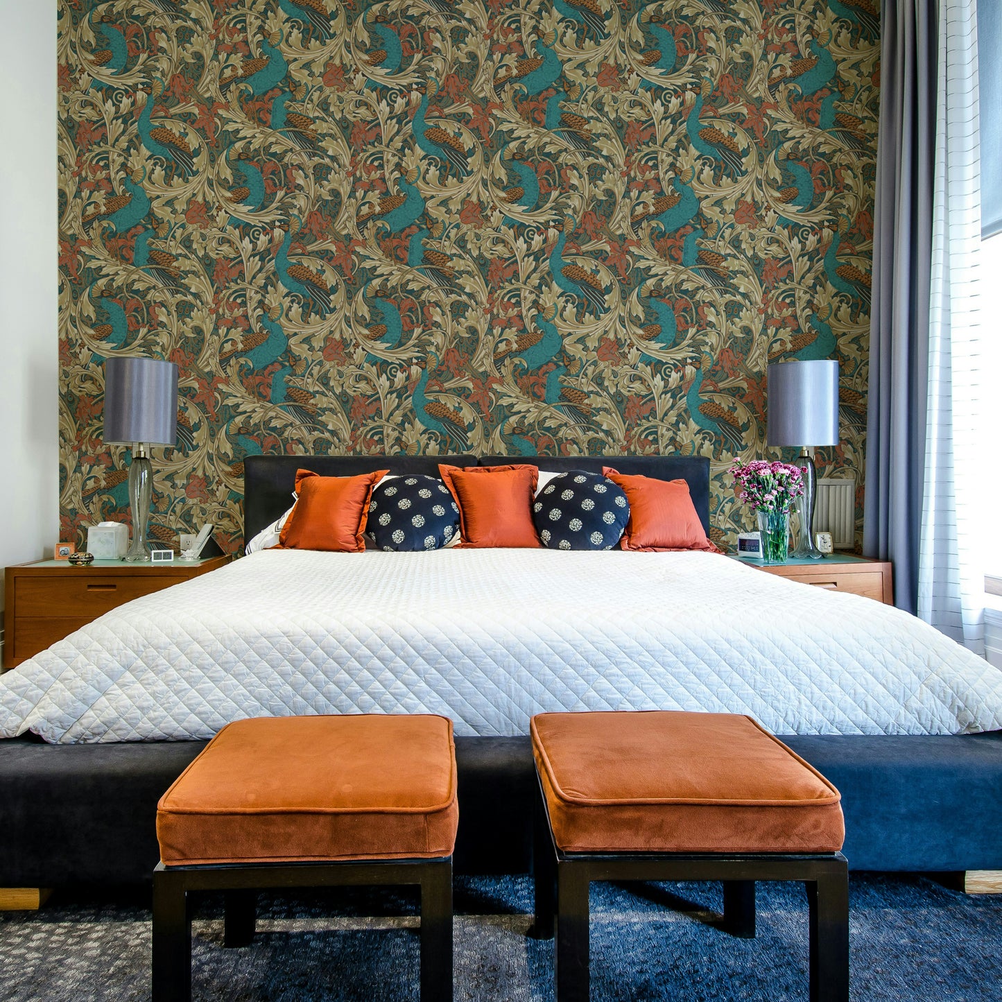 Vintage peacock floral pattern in mustard rust and teal

