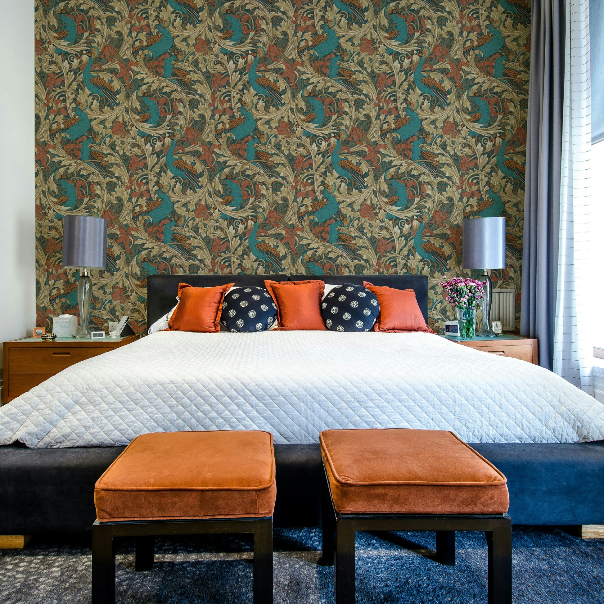 Vintage peacock floral pattern in mustard rust and teal

