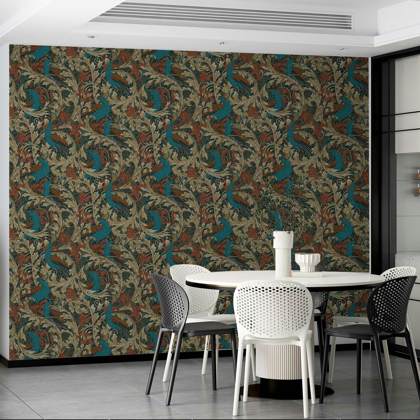 Peacock Garden teal rust mustard beige wallpaper design

