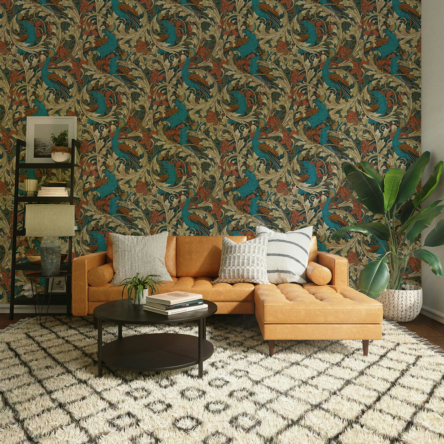 Elegant peacock design wallpaper with mustard and teal

