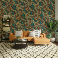 Elegant peacock design wallpaper with mustard and teal

