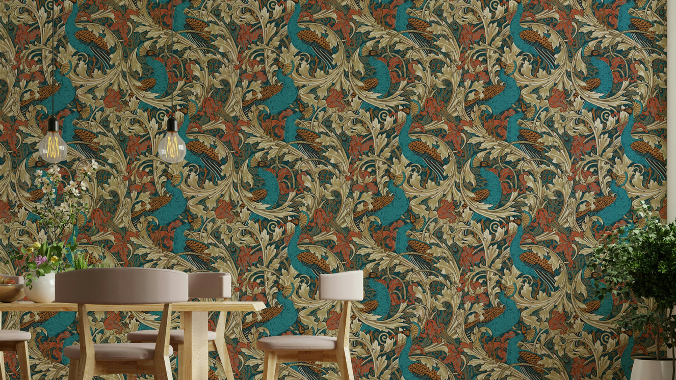 Peacock Garden wallpaper featuring teal rust and mustard hues

