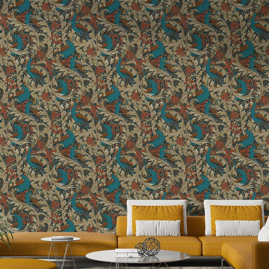 Peacock garden floral wallpaper with rust and mustard colors

