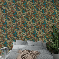 Teal rust mustard floral peacock print wallpaper by Crane

