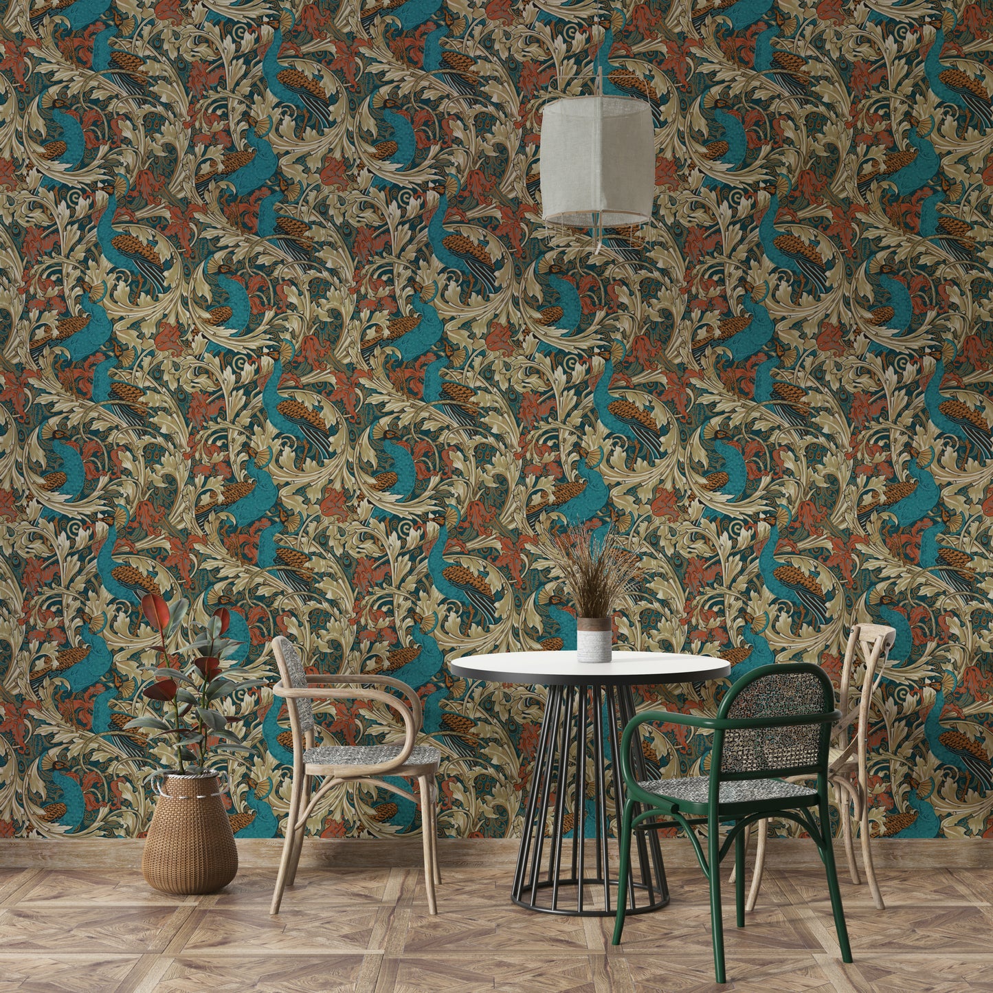 Vintage peacock design wallpaper with rustic mustard teal

