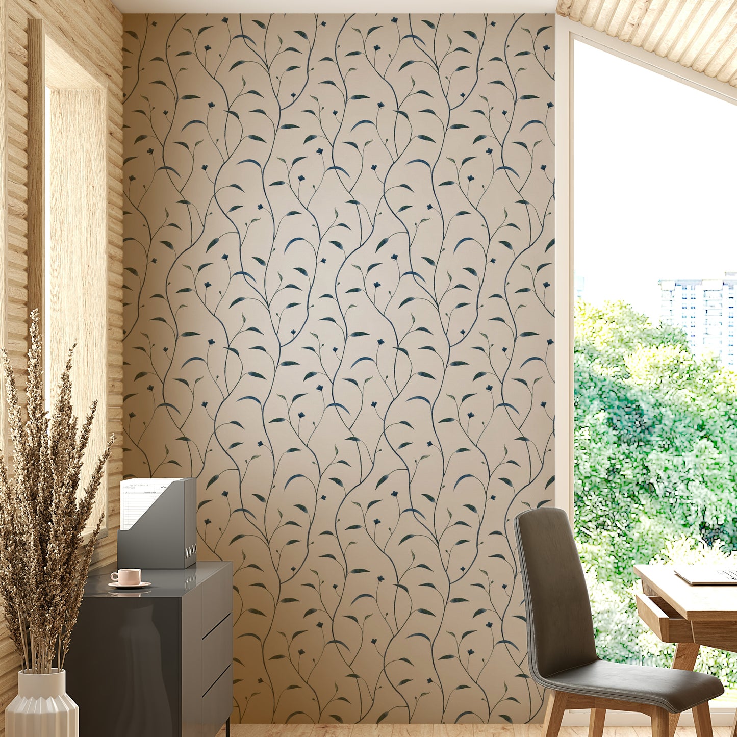Nature-Themed Sprout & Vine Indigo Green Wallpaper

