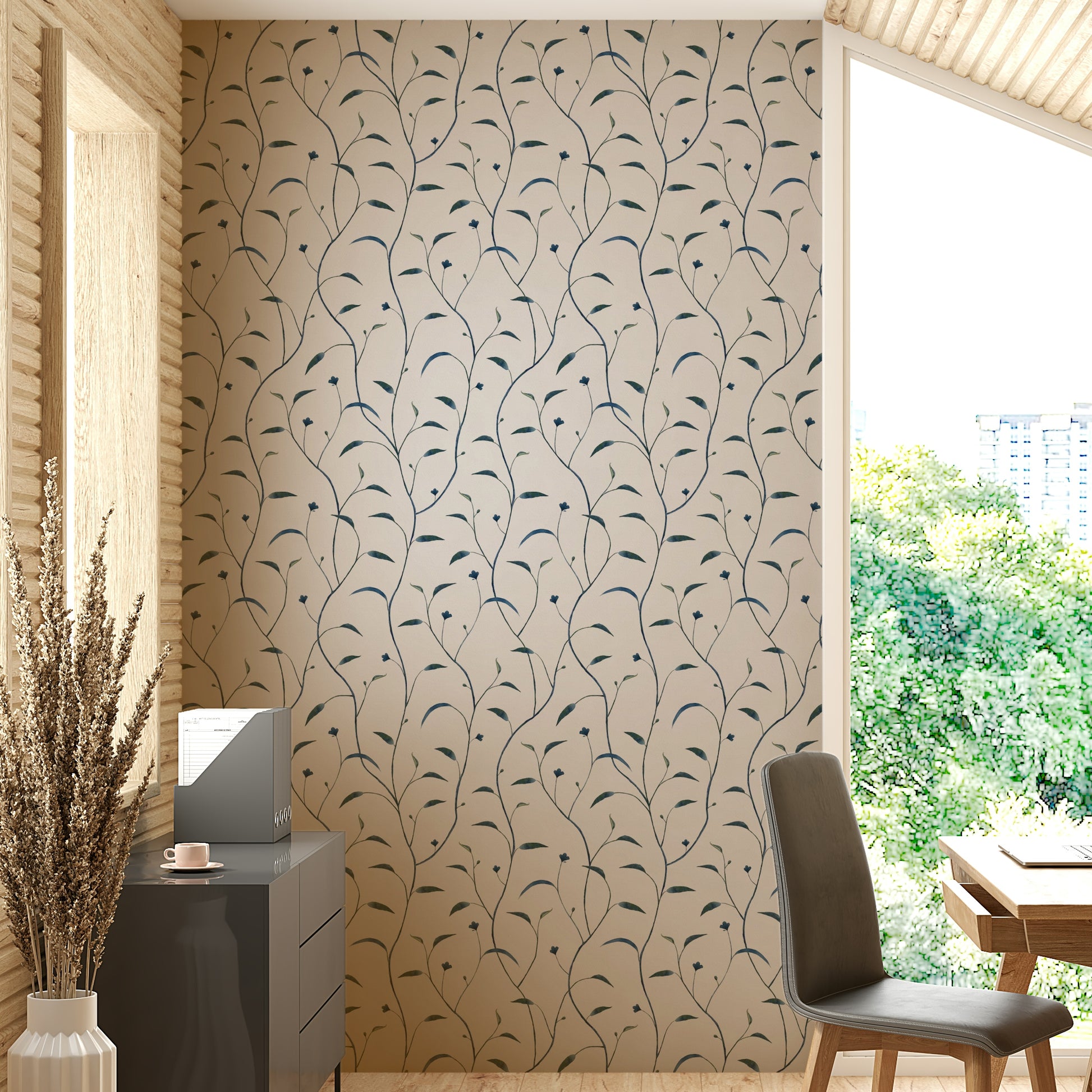 Nature-Themed Sprout & Vine Indigo Green Wallpaper

