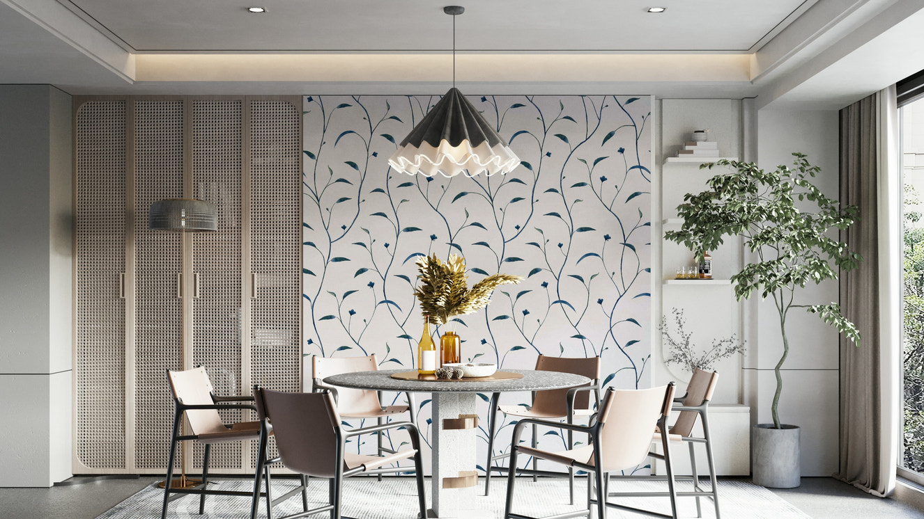 Indigo Green Wall Mural with Sprout & Vine Design

