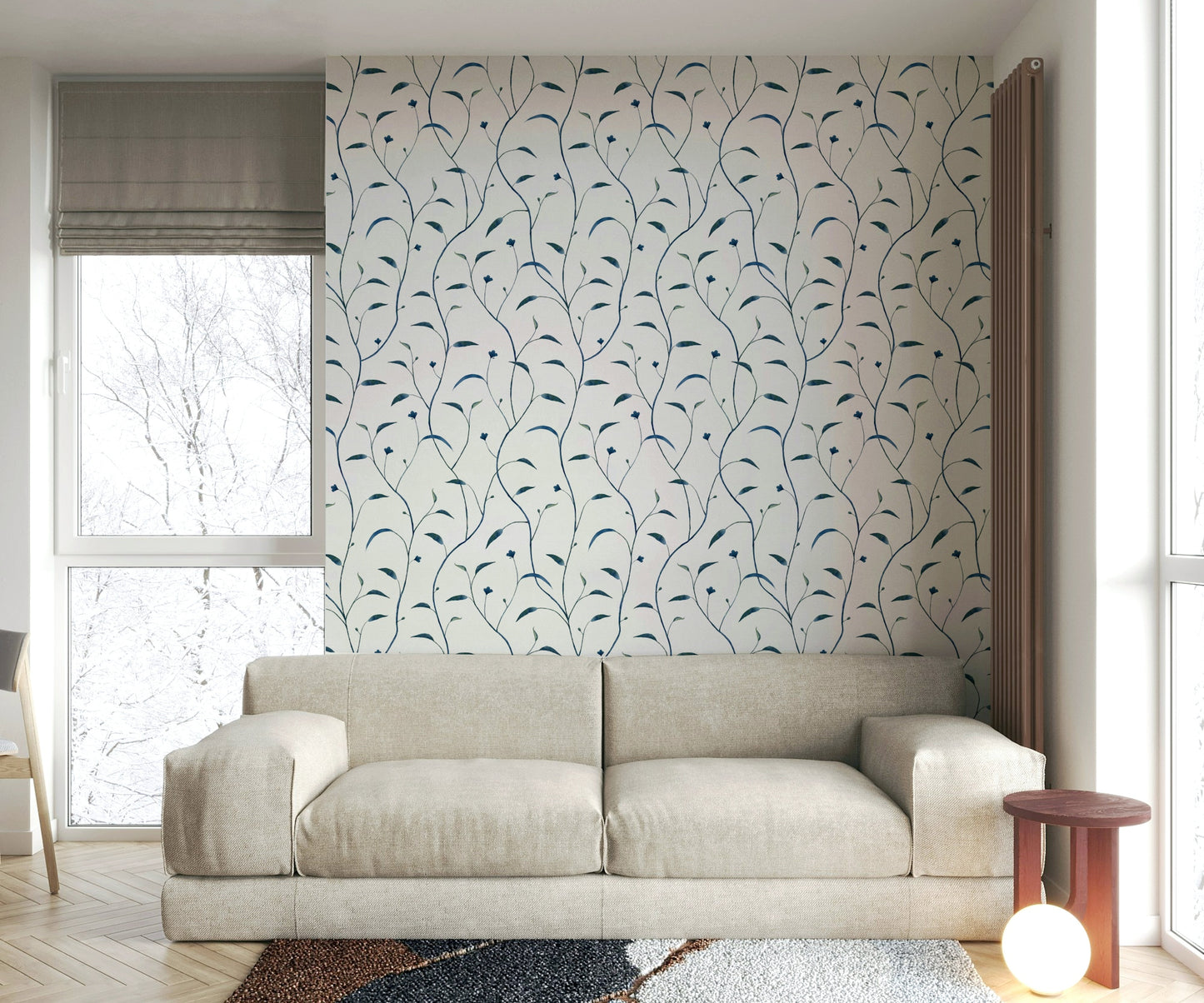 Indigo and Green Vine Wallpaper for Home Interiors

