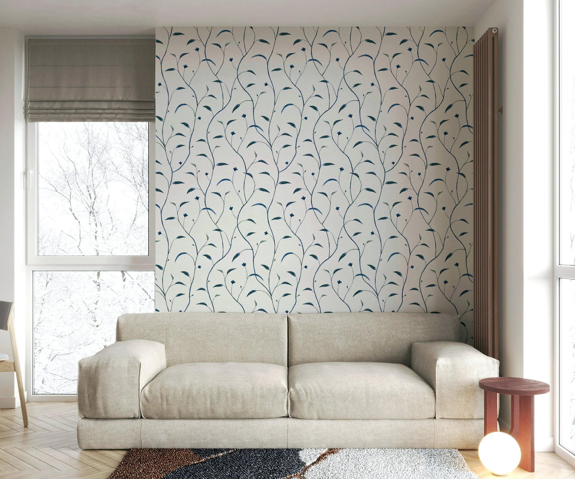 Indigo and Green Vine Wallpaper for Home Interiors

