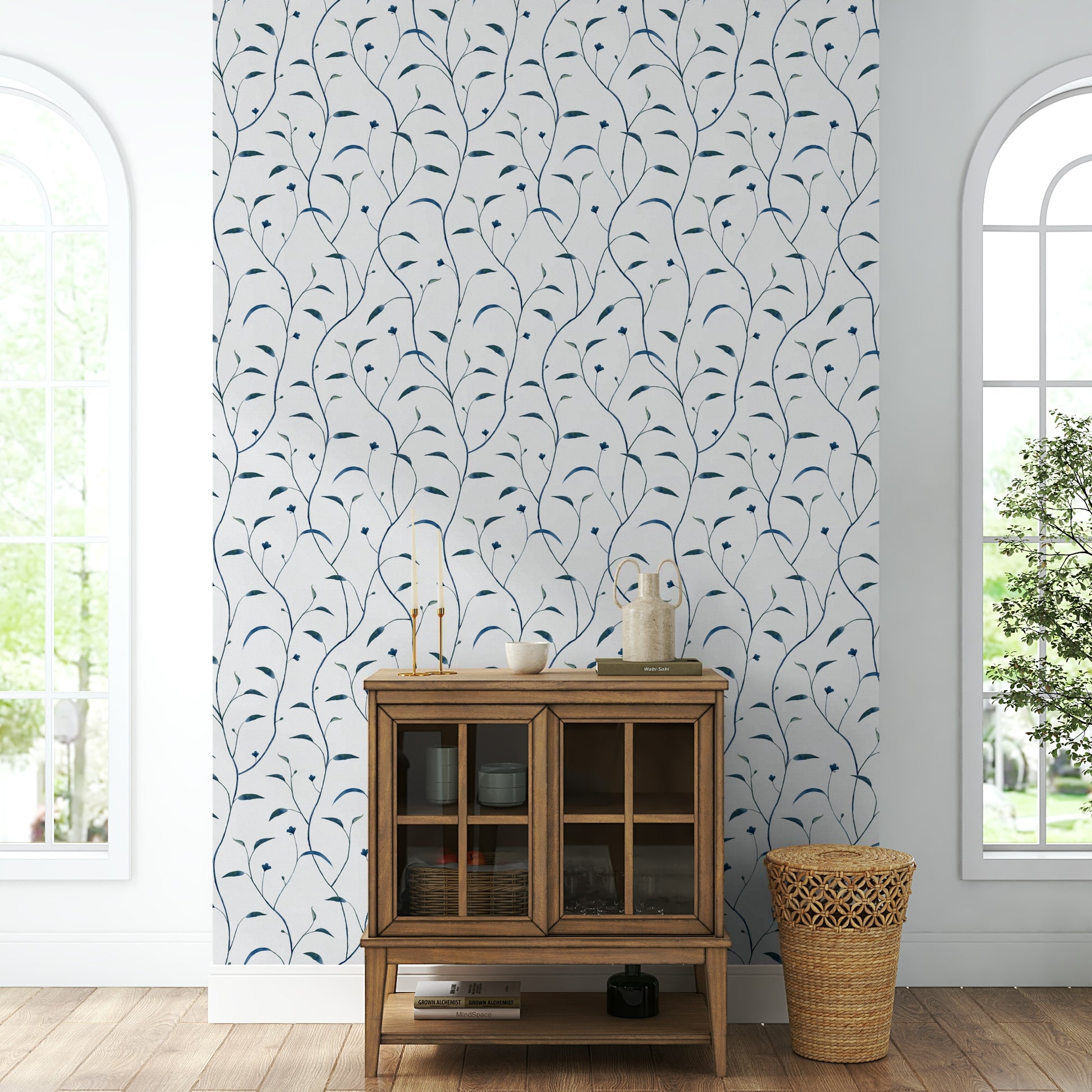 Botanical Indigo Green Vine Wallpaper for Walls

