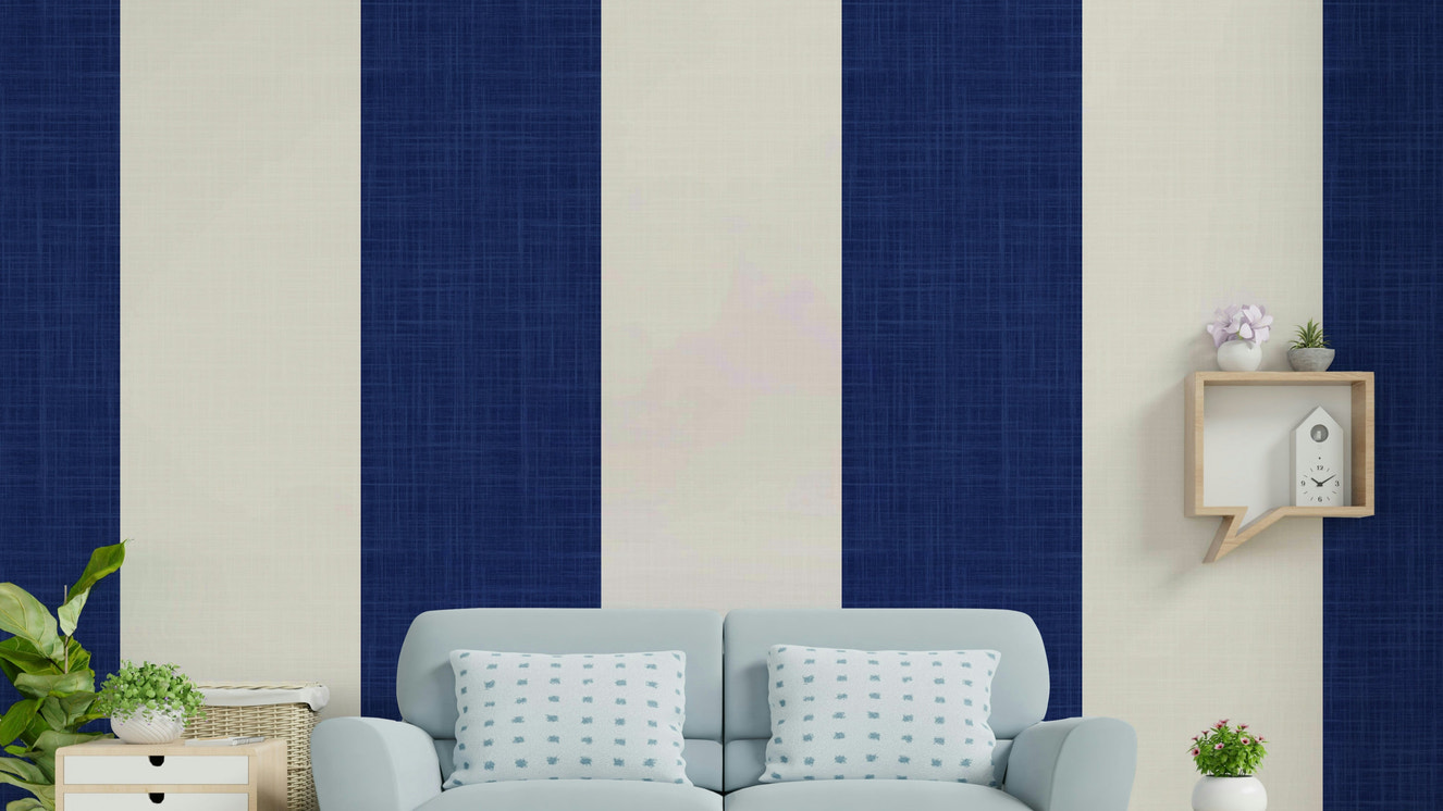 Beach house wall with navy and white stripes

