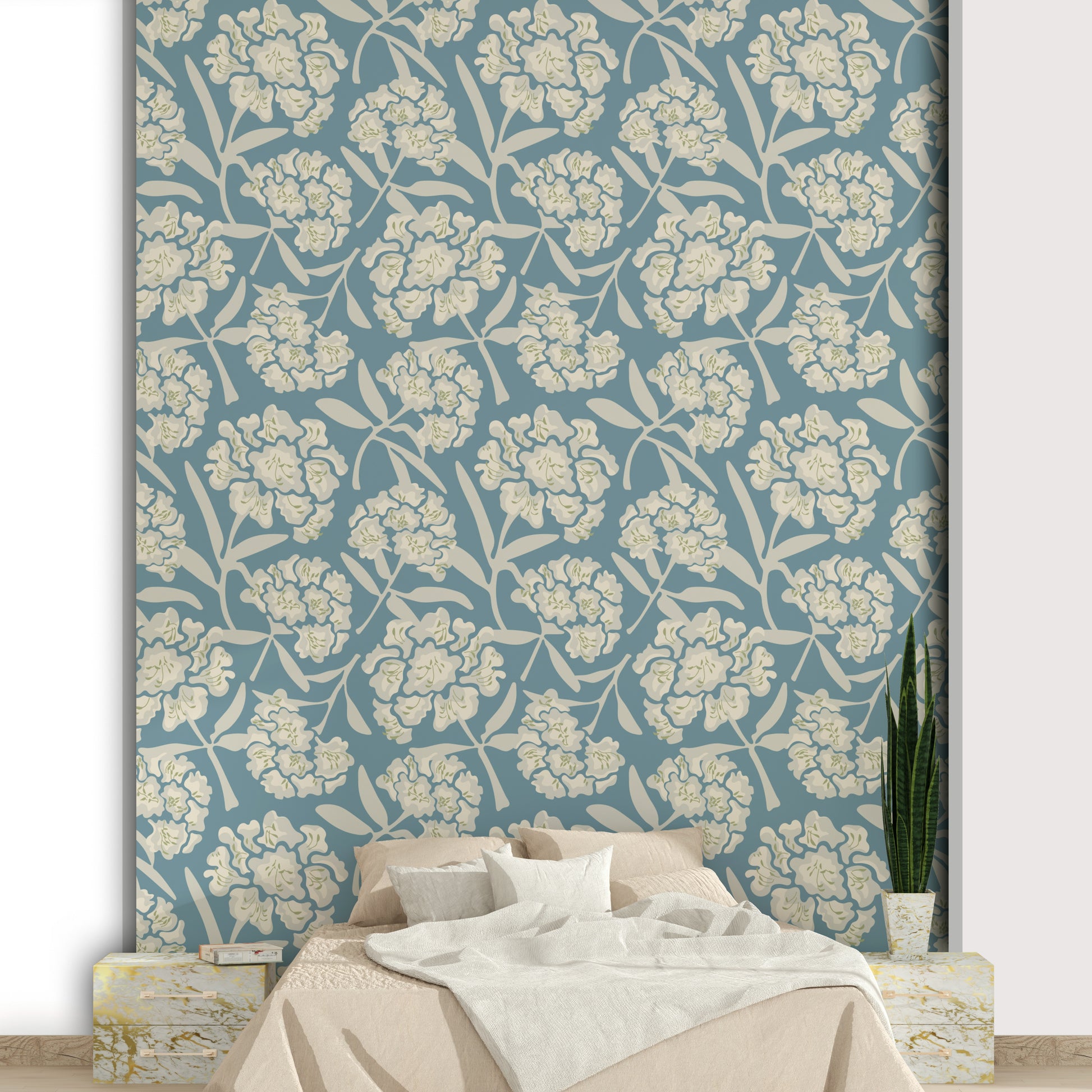 White and blue vintage floral pattern wallpaper

