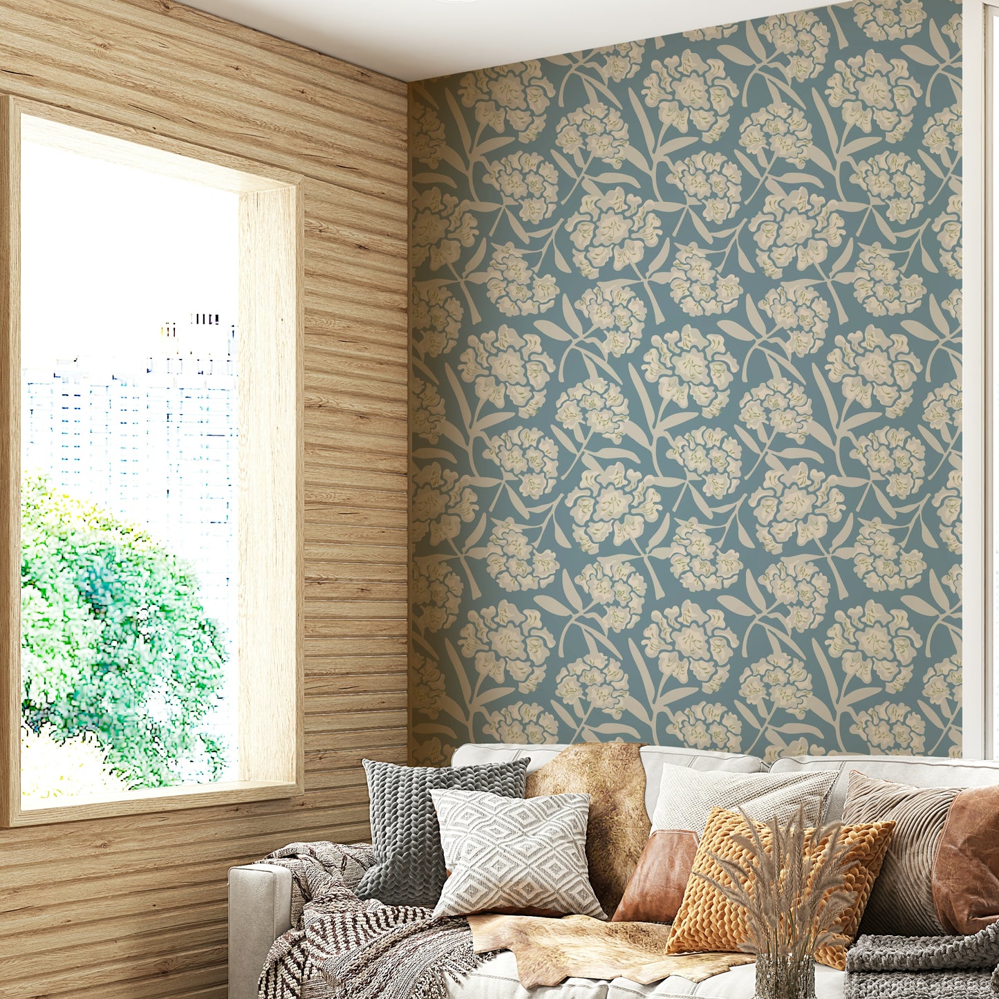 Soft pastel blue and gray floral wallpaper for walls

