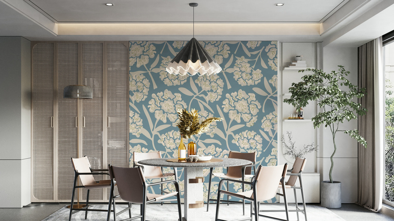 Rhododendrons Retro Floral wallpaper on living room wall

