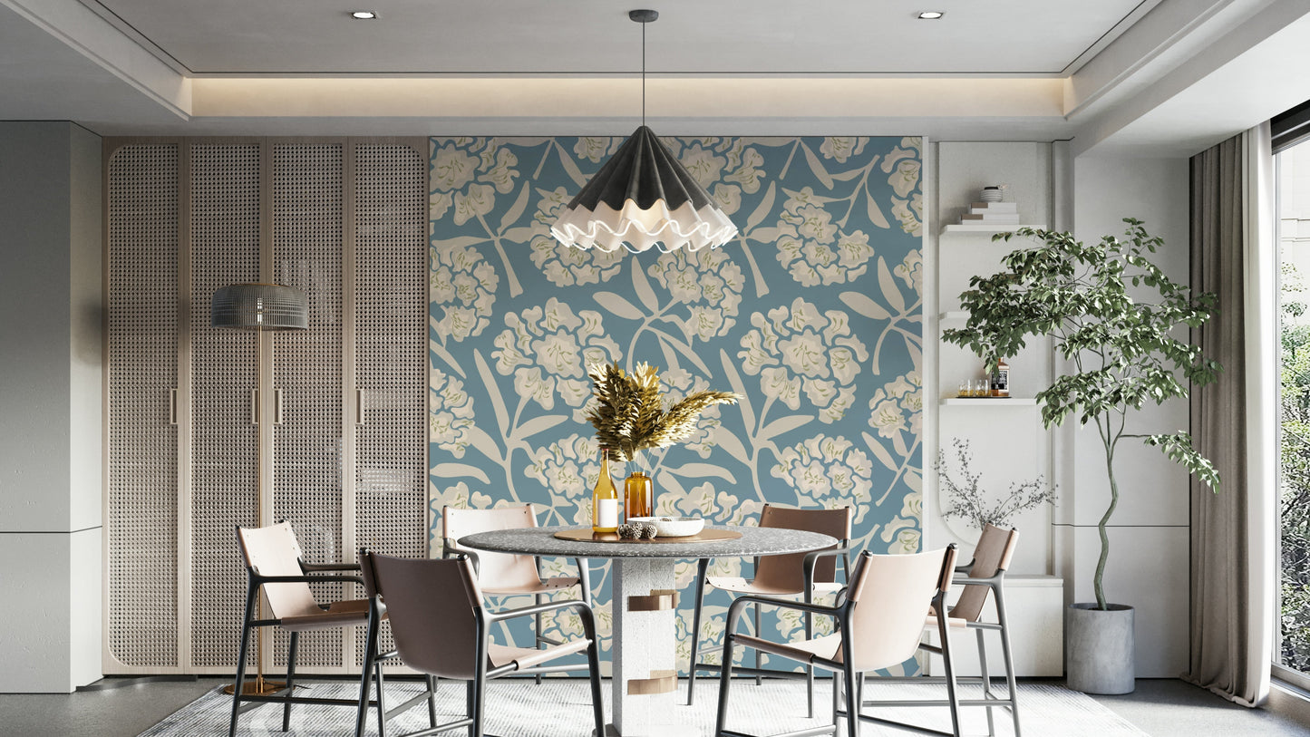 Rhododendrons Retro Floral wallpaper on living room wall

