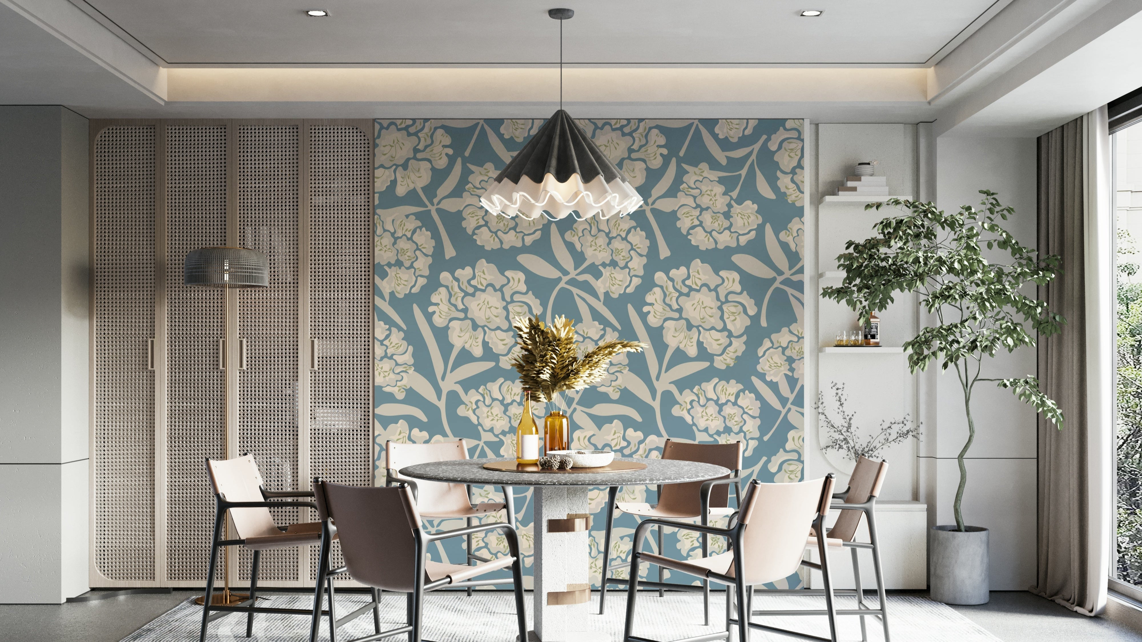 Rhododendrons Retro Floral wallpaper on living room wall

