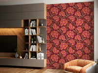 Feature wall with warm floral wallpaper

