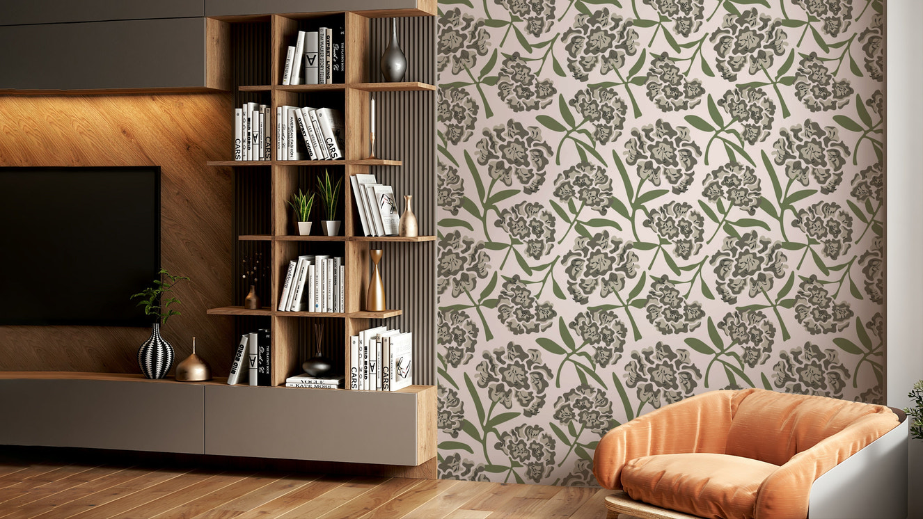 Rhododendrons Retro Floral wallpaper on living room wall

