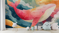 Close-up of starry ocean whale mural texture

