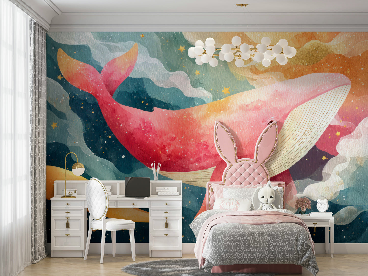 Bedroom accent with magical whale mural

