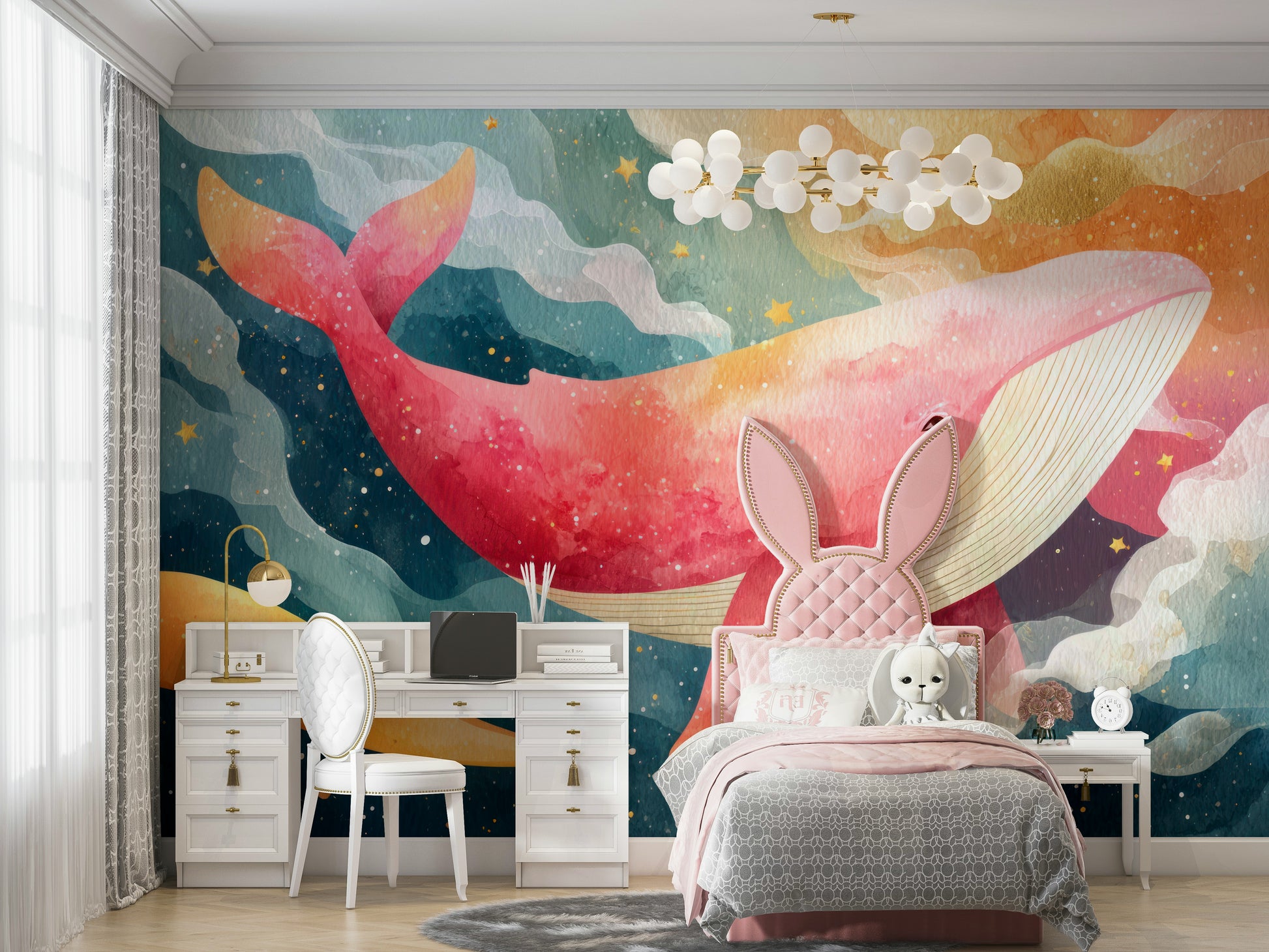 Bedroom accent with magical whale mural

