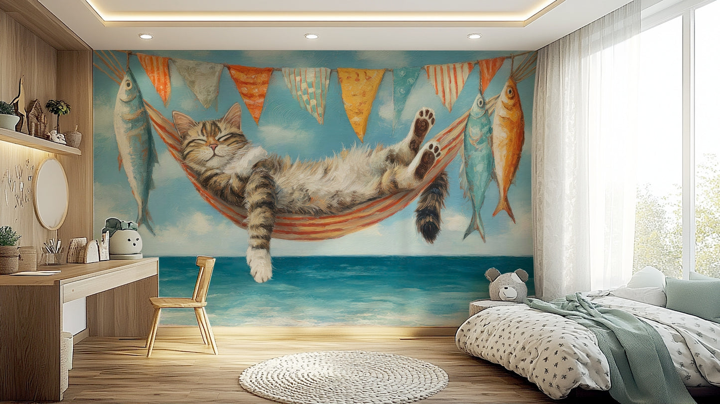 Soft blue seaside cat mural wallpaper

