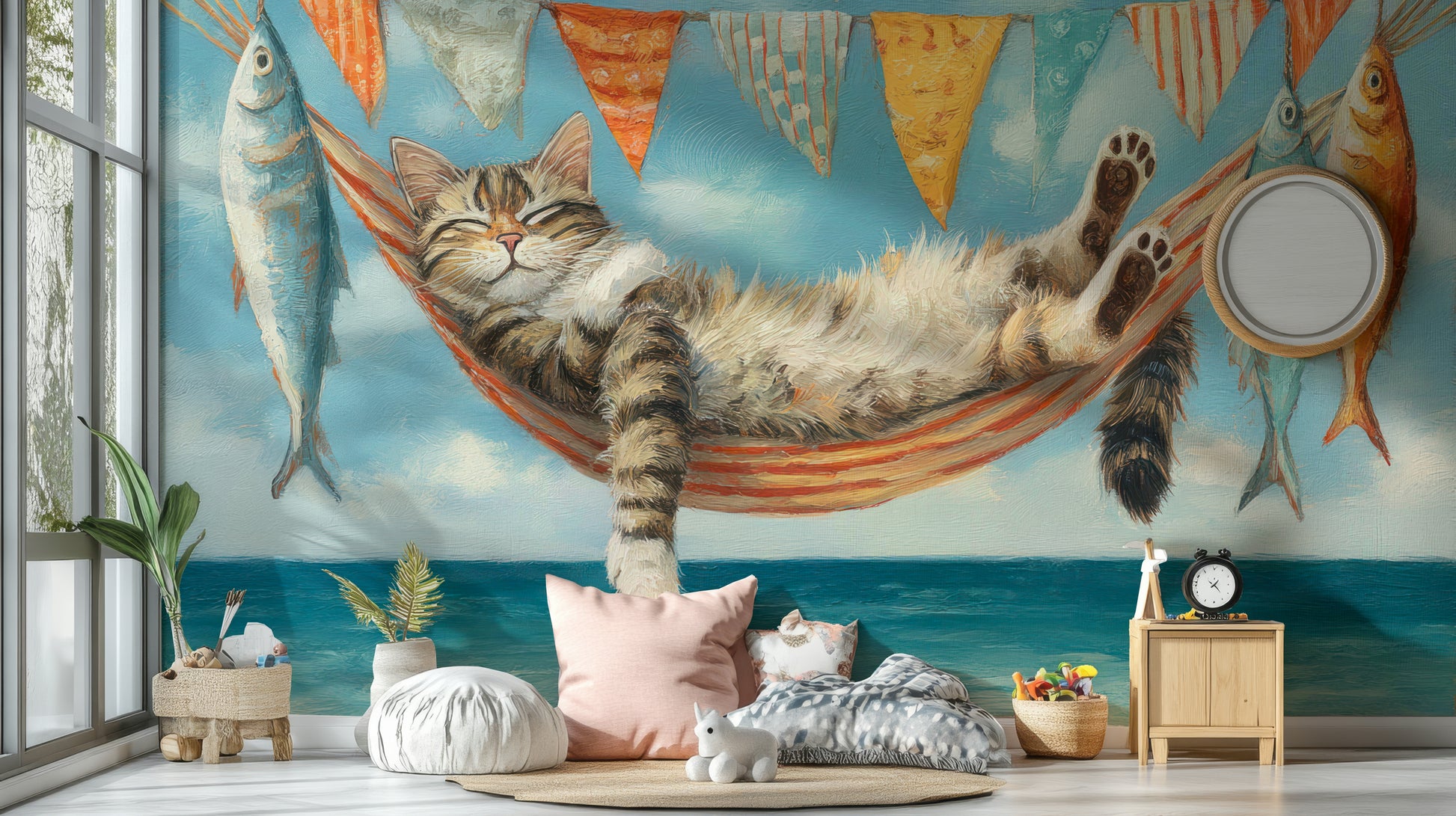 Cozy nook with seaside cat mural wallpaper

