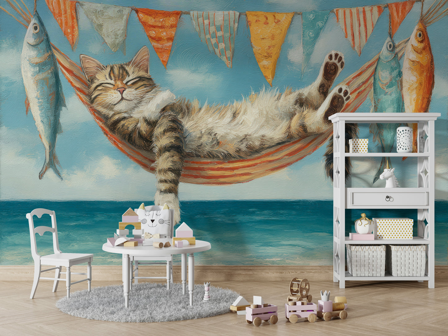 Easy-install feline seaside serenity wall mural

