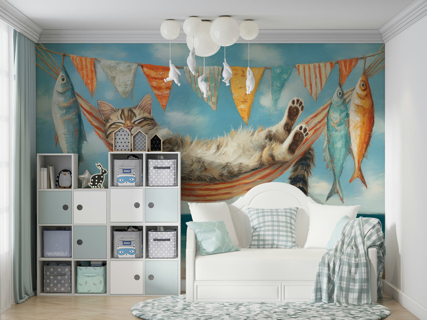 Wall mural featuring cats by the shore

