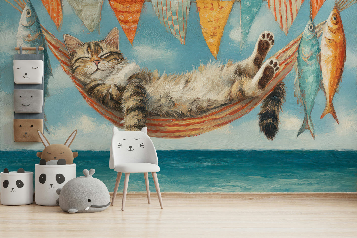 Living room accent with peaceful cat wallpaper

