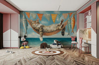 Coastal wallpaper with cats and ocean scenes

