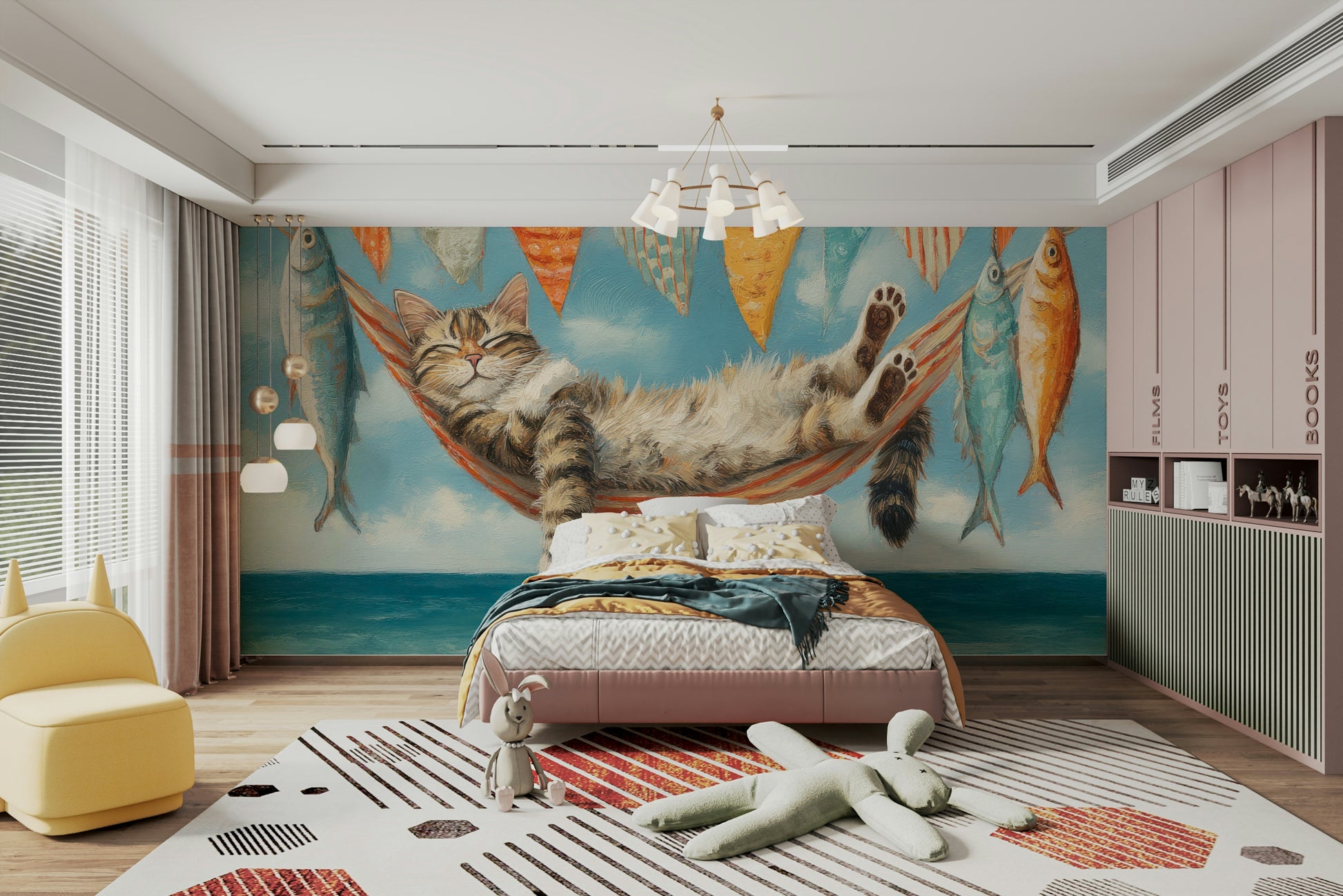 Bedroom decorated with feline coastal wallpaper

