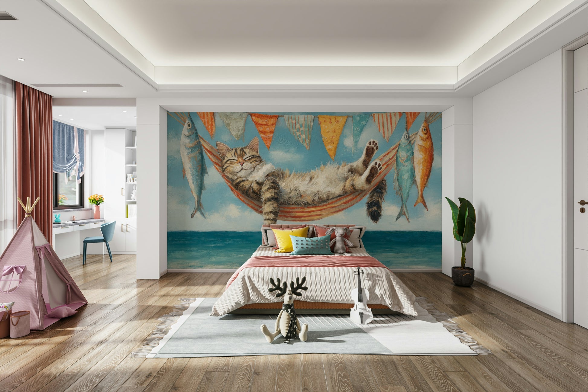 Feline Seaside Serenity wall mural on living room wall

