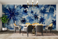 Bedroom decorated with indigo bloom wallpaper

