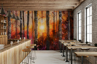 Glowing sundown birch forest mural wallpaper

