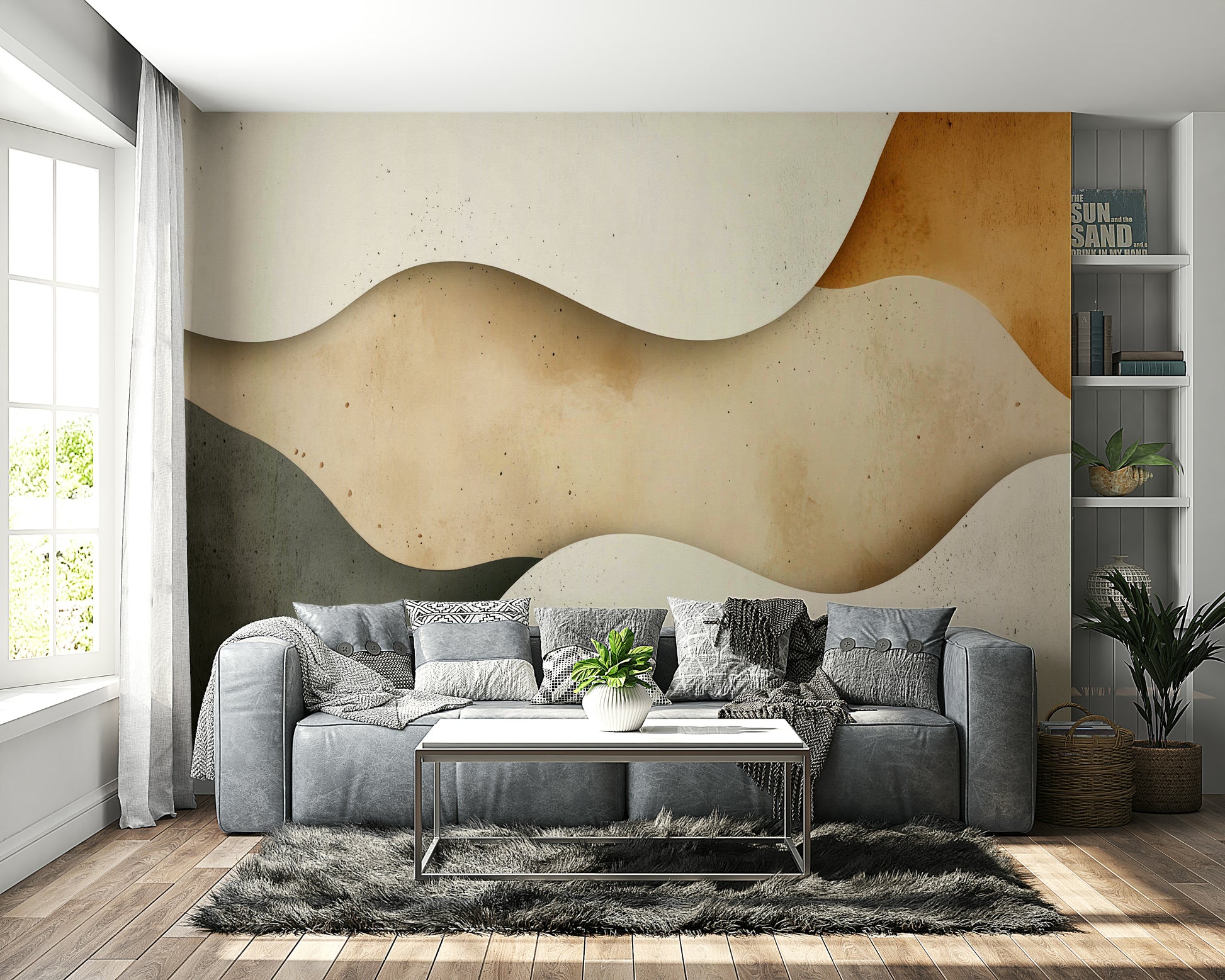 Serene space with natural abstract mural

