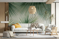 Living room accent with tropical leaf wallpaper

