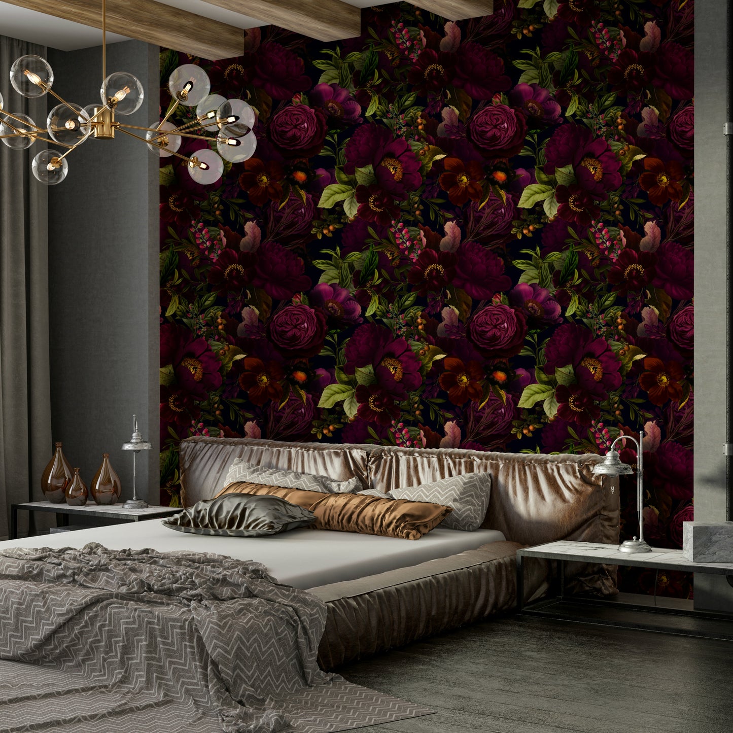 Grandmillennial Gothic Dark Moody Florals 4 wallpaper on wall

