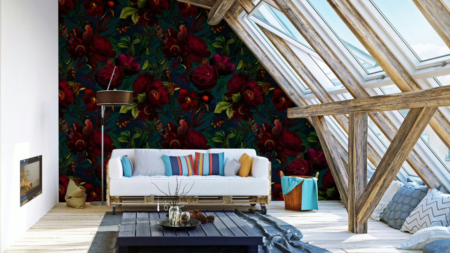 Dark moody floral wallpaper with Gothic accents.

