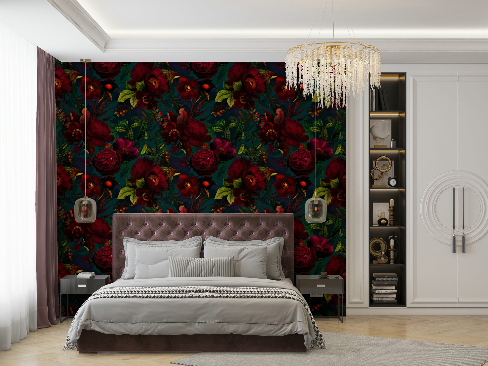 Heritage-inspired floral wallpaper for dramatic rooms.

