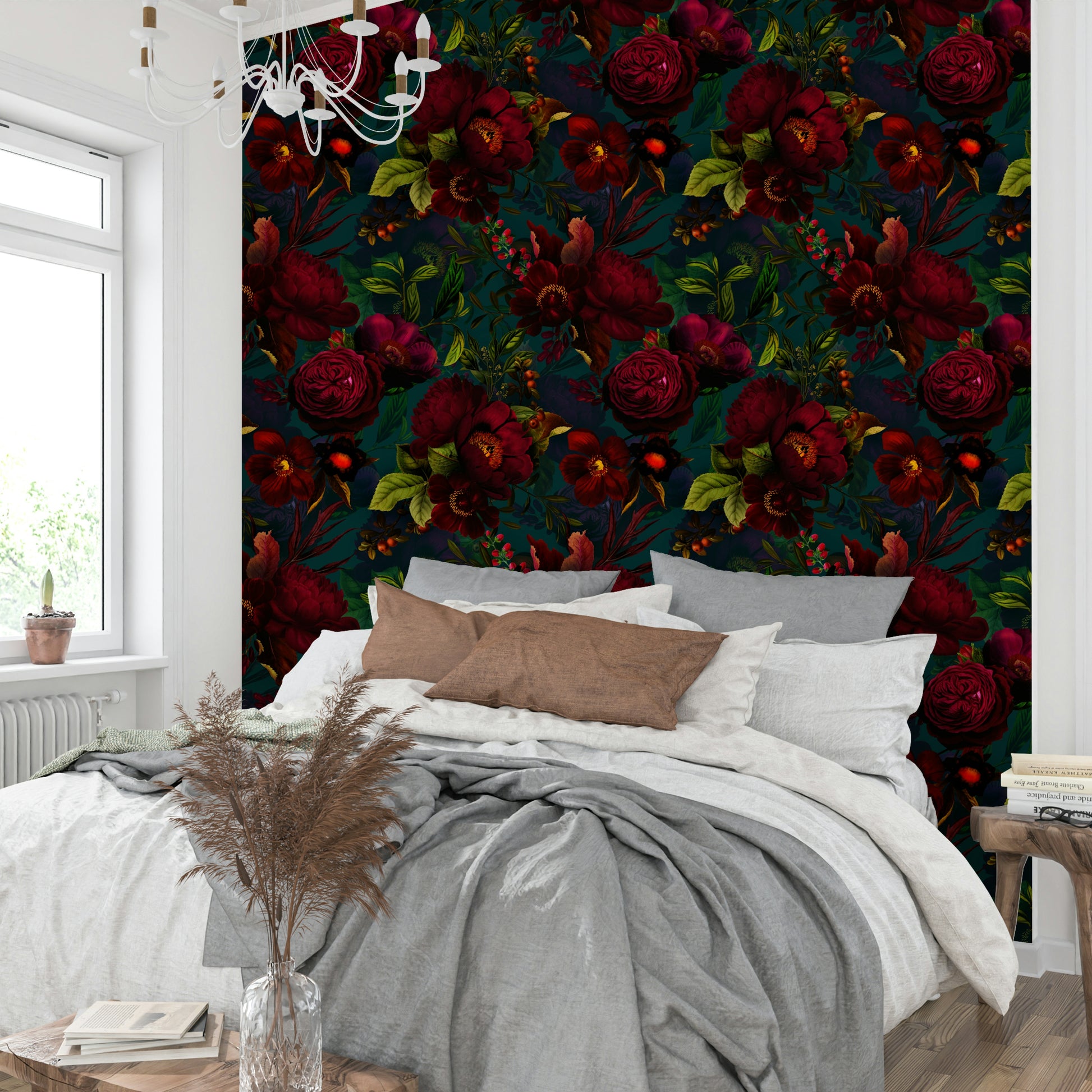 Vintage floral wallpaper with dark, gothic influences.

