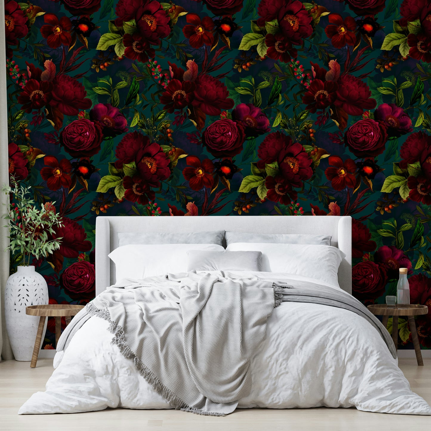 Rich dark florals in a Grandmillennial wallpaper design.

