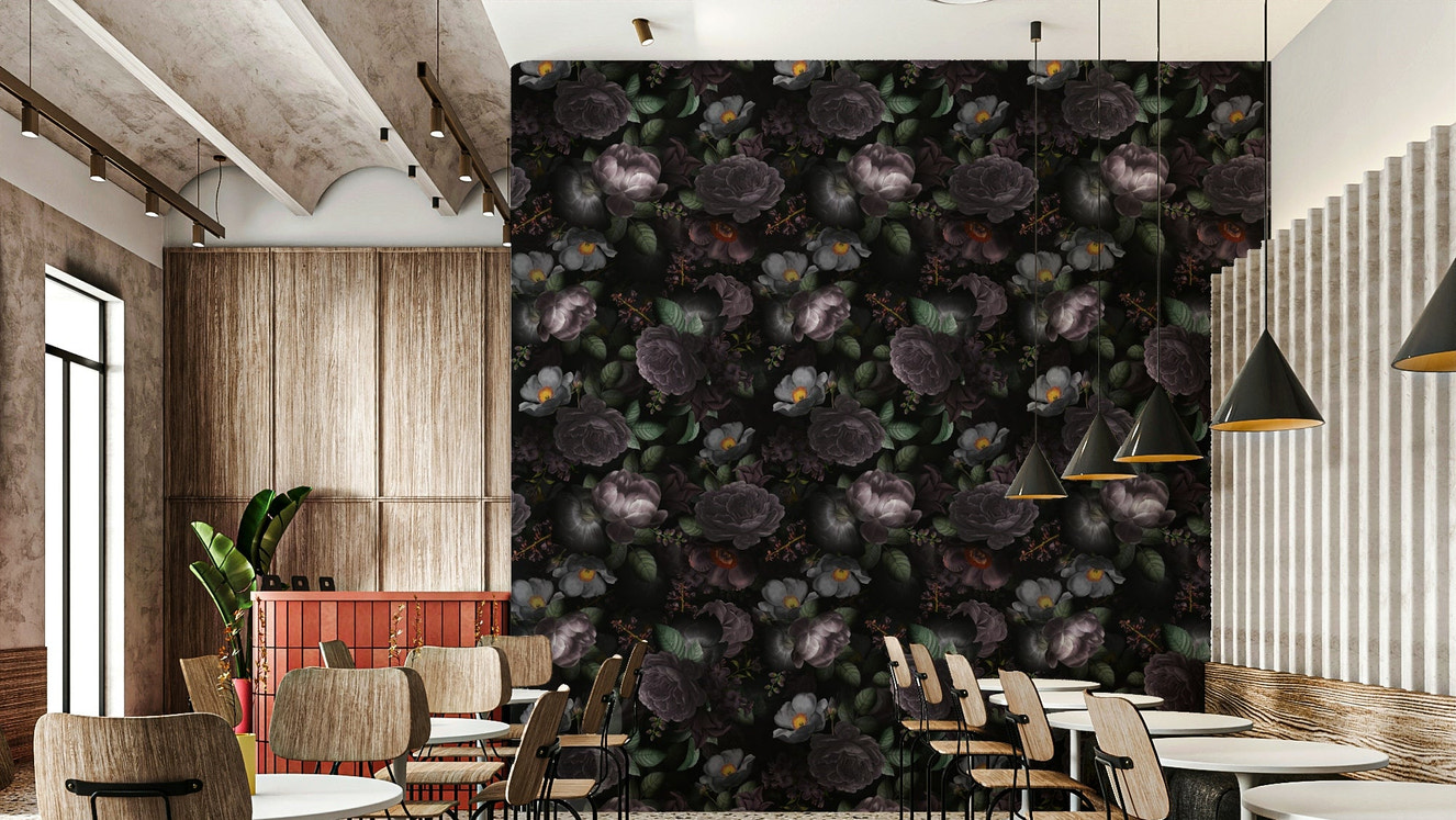 Moody florals on grandmillennial dramatic wallpaper.

