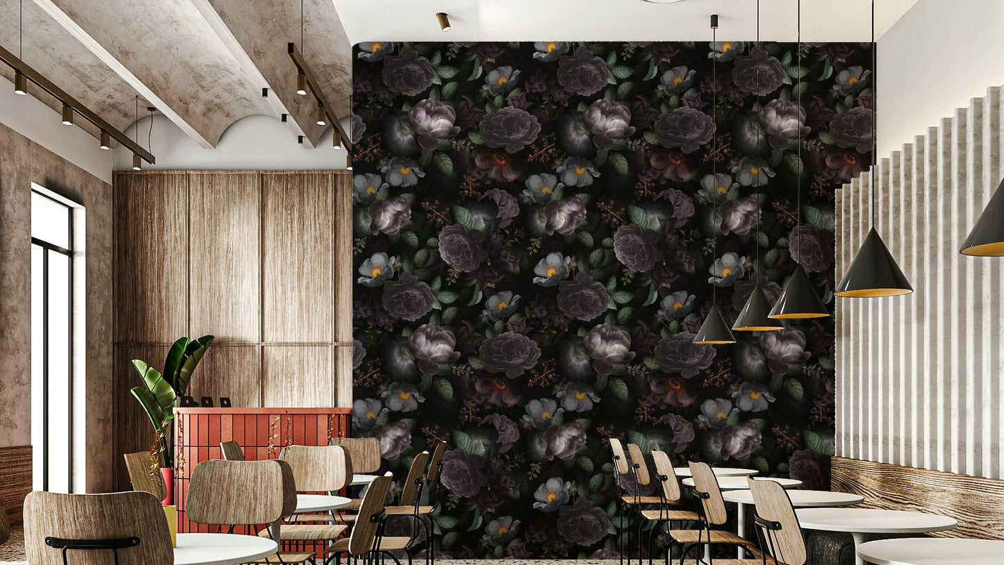 Moody florals on grandmillennial dramatic wallpaper.

