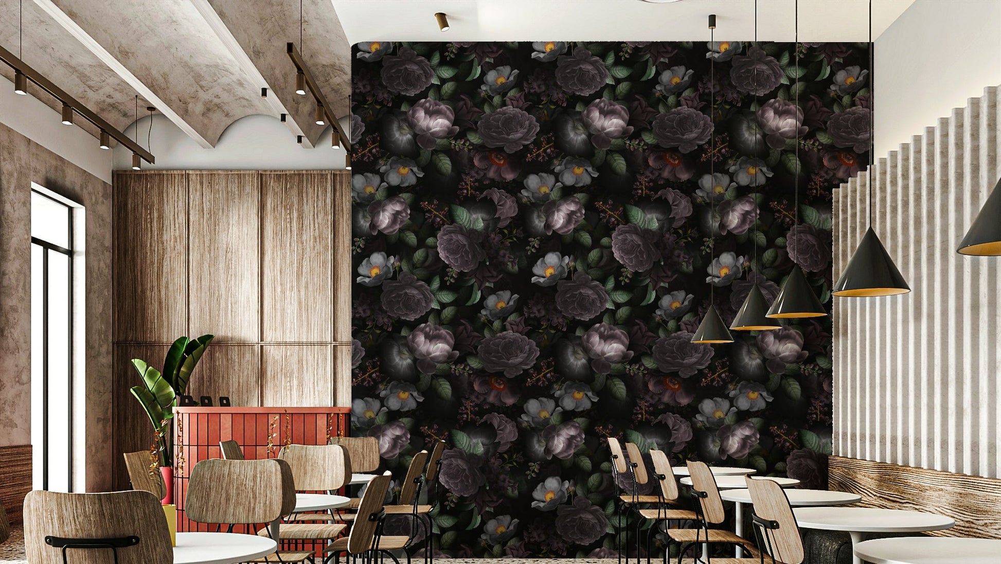 Moody florals on grandmillennial dramatic wallpaper.

