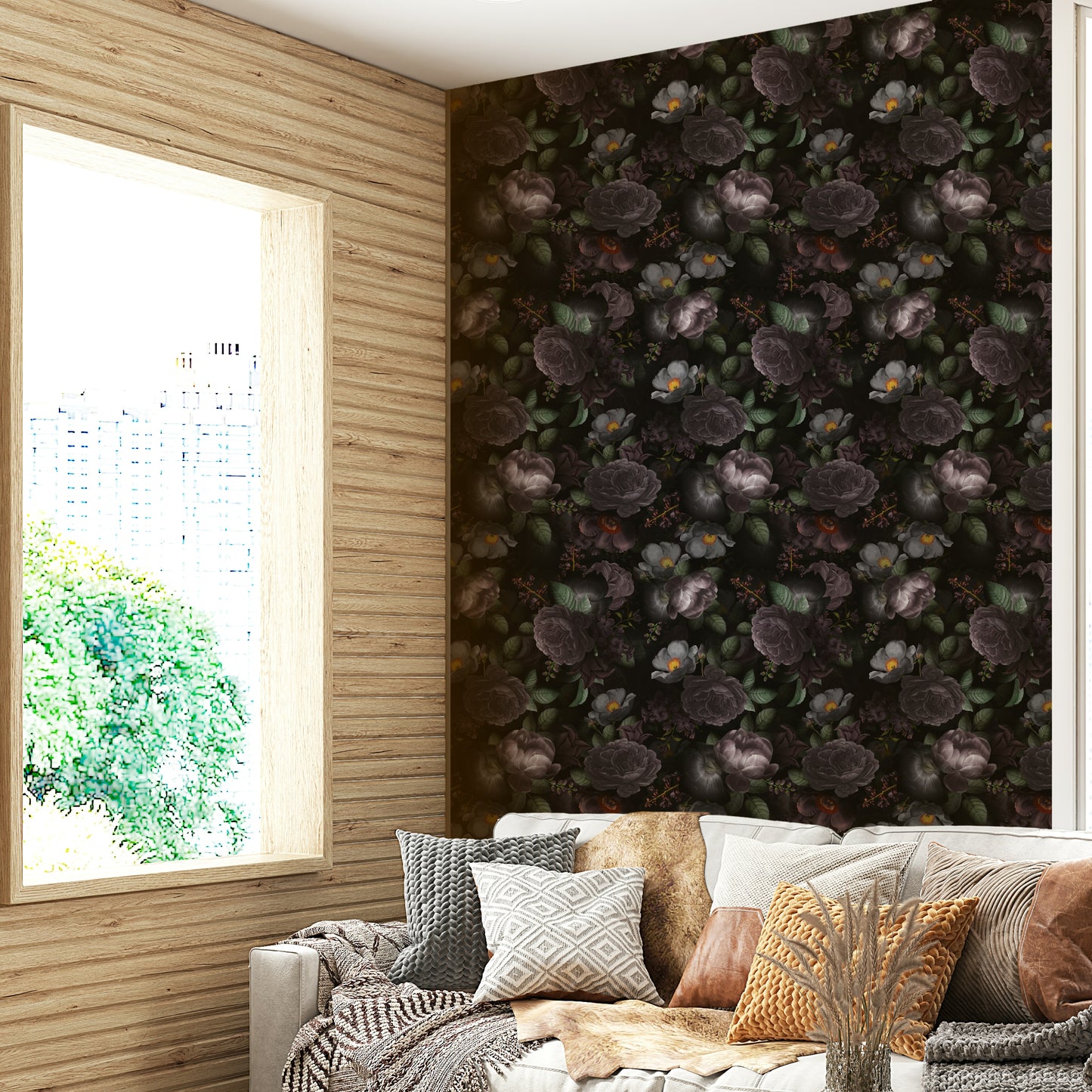 Dark, gothic florals in a grandmillennial style wallpaper.

