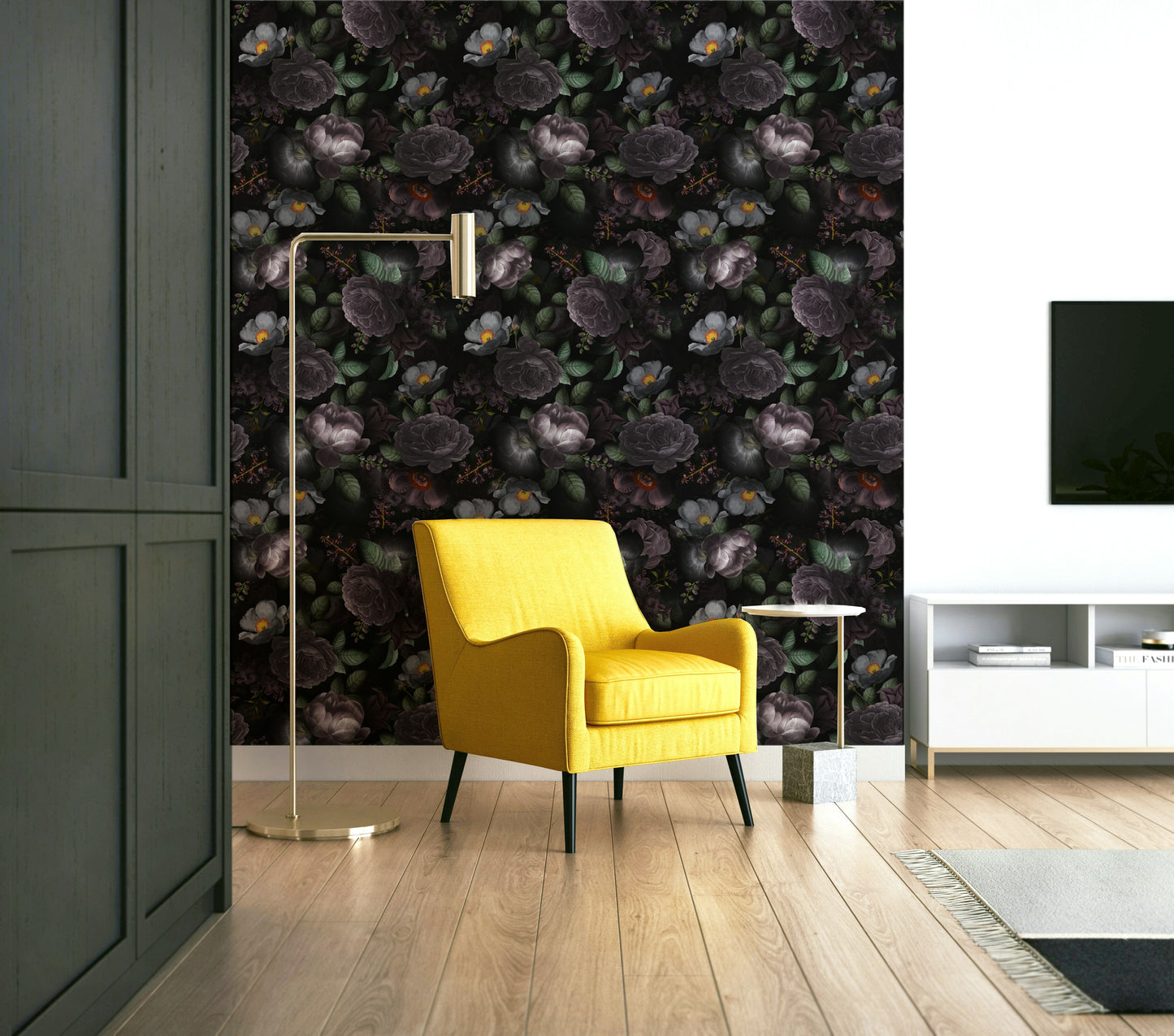 Grandmillennial dramatic glamour wallpaper with dark florals.

