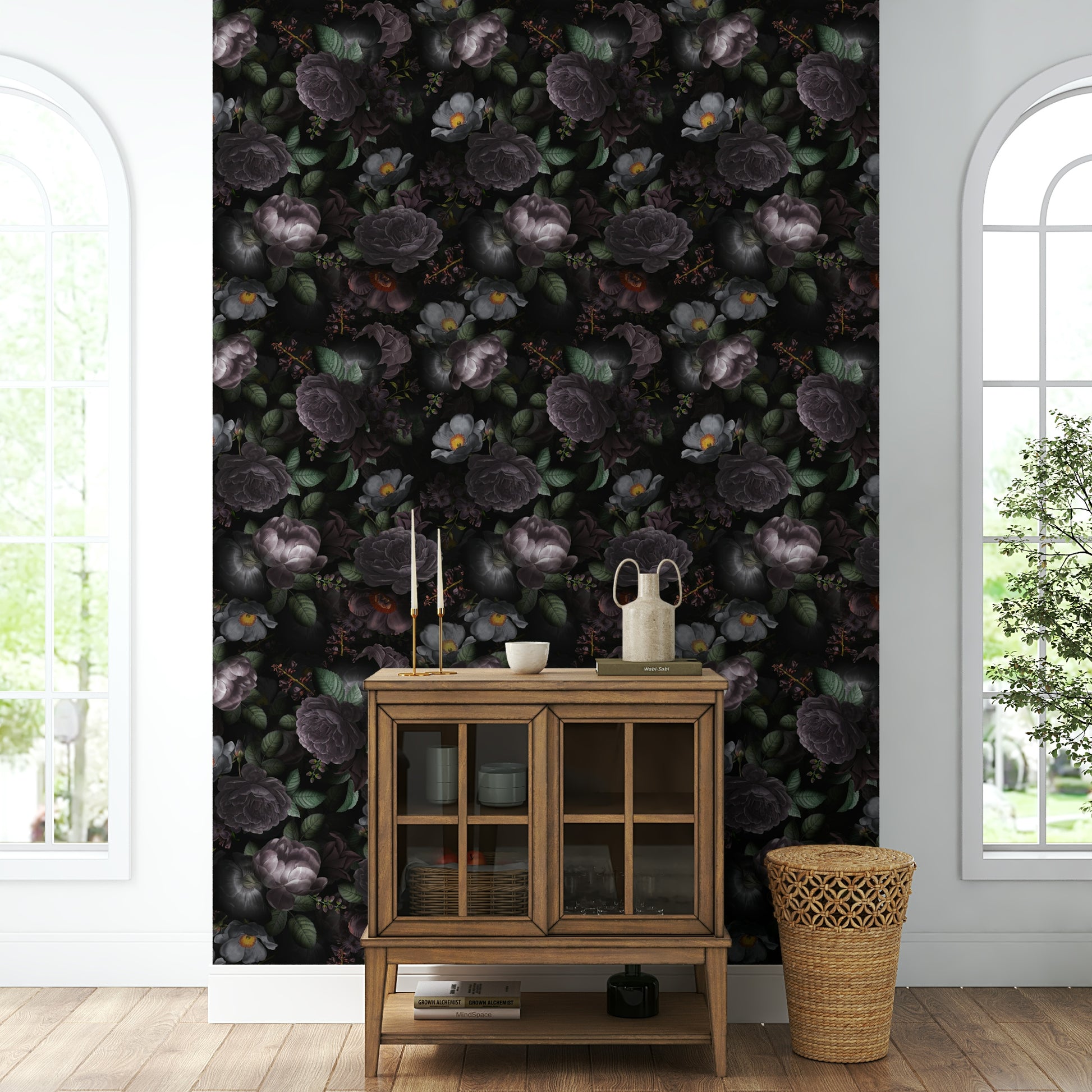 Moody floral wallpaper for a gothic, dramatic design.

